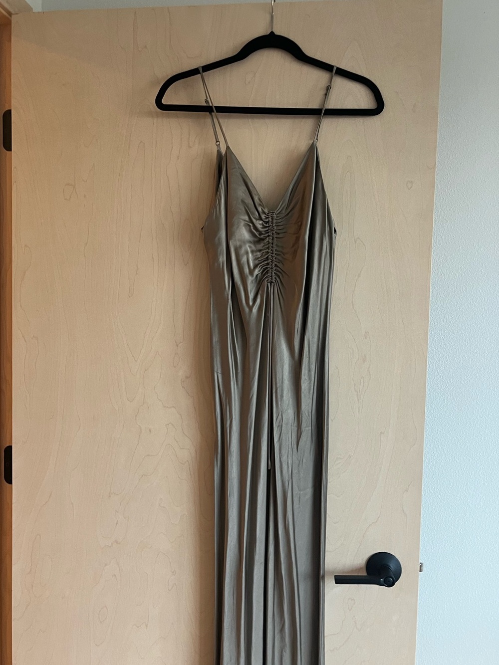 Zara Metallic Taupe Slip Maxi Dress with Ruched Front
